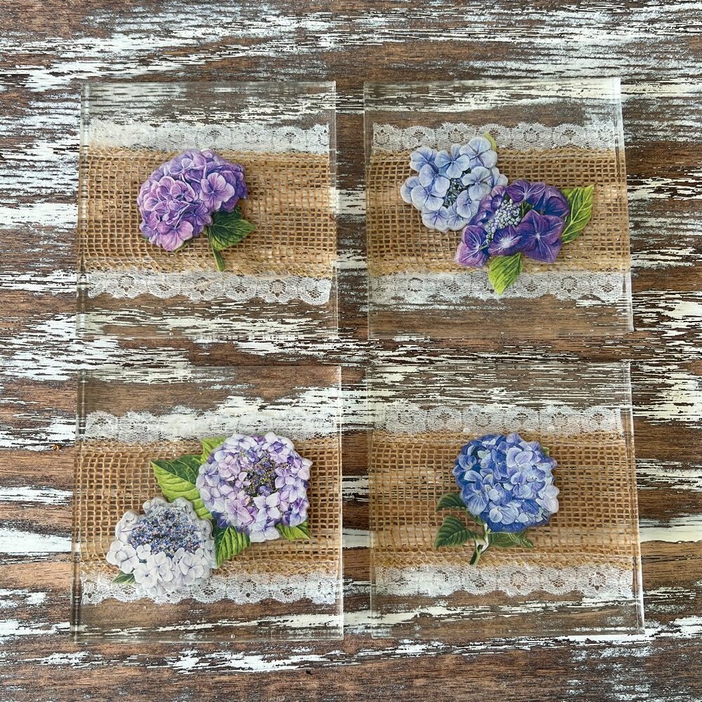 Hydrangeas and Burlap Resin Drink Coasters Set of 4 House Kitchen Table Gift